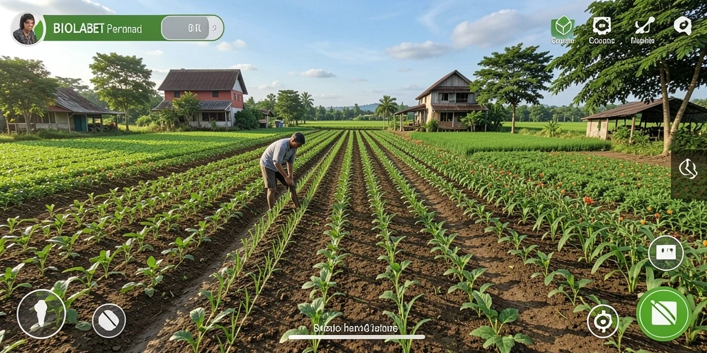 Tampilan menarik dari gameplay pertanian di BIOLABET.