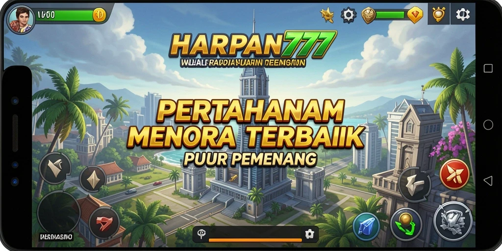 Screenshot gameplay tower defense HARAPAN777 dengan menara strategis.