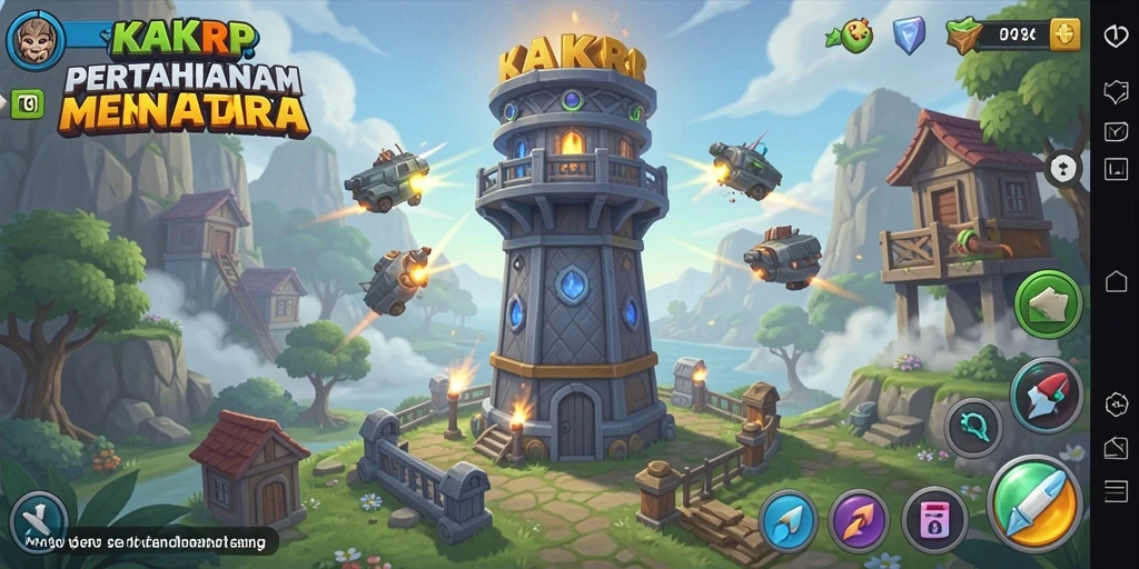 Screenshot KAKRP menampilkan aksi seru dalam gameplay Tower Defense.