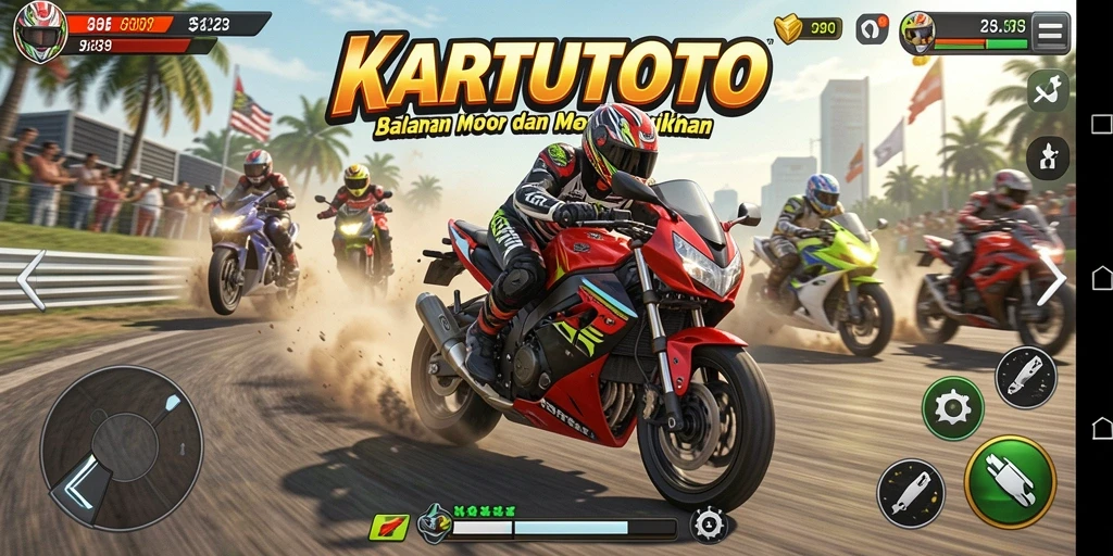 Tampilan gameplay KARTUTOTO dengan balapan motor yang menegangkan.