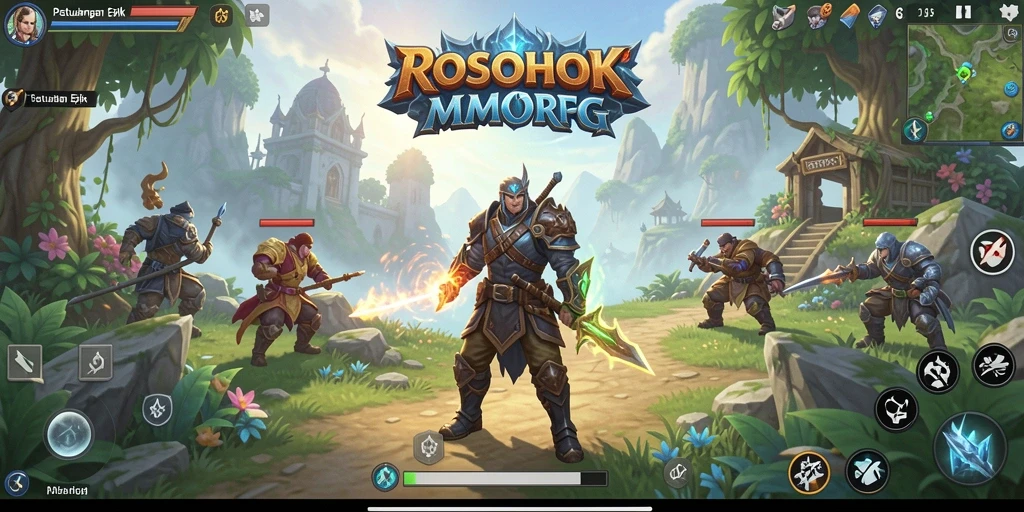 Tampilan gameplay mendebarkan dari ROSOHOKI dalam dunia MMORPG.