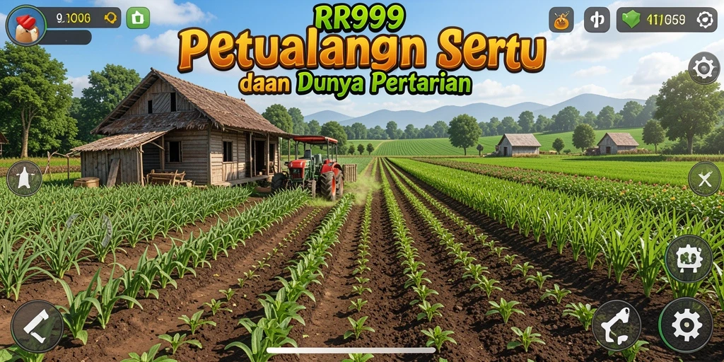 Tangkapan layar gameplay RR999 menampilkan peternakan yang indah dan subur.
